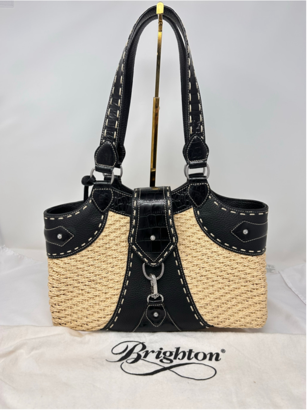 Brighton Woven Straw Black Croc Embossed Leather Shoulder Bag